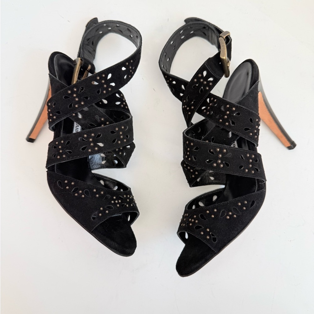Manolo Blahnik Vintage Black Suede Laser Cut Studded Strappy Heels Sandals 37.5 - Picture 4 of 10